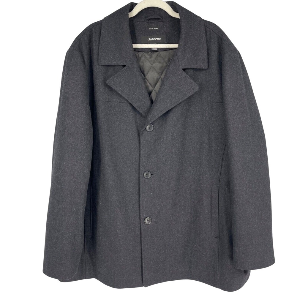Claiborne Pea Coat Mens 2XL Charcoal Wool Blend Quilted Lining Single Breasted